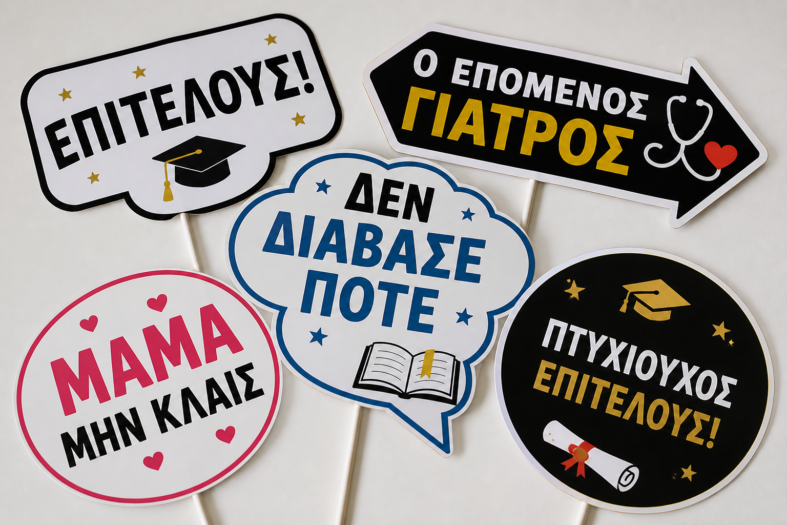 foitites-props ΠΑΚΕΤΟ 8 PROPS / ΠΙΝΑΚΙΔΕΣ ΑΠΟΝΟΜΗΣ ΠΤΥΧΙΟΥ ΓΙΑ ΦΙΛΟΥΣ - Image 1